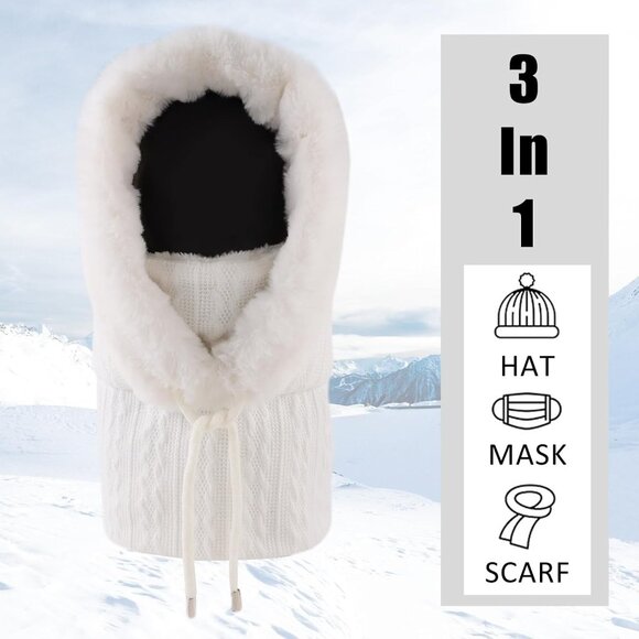 Women White Polyester Warm Thick Fluff Beanie Neck Face Winter Balaclava - Picture 4 of 7